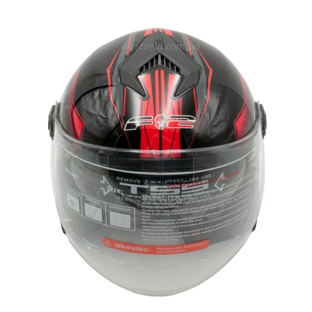 Мото шолом, відкритий (XS 53-54) F2-707, чорно-червоний, глянець, з відкідними окулярами фото westvelo.com