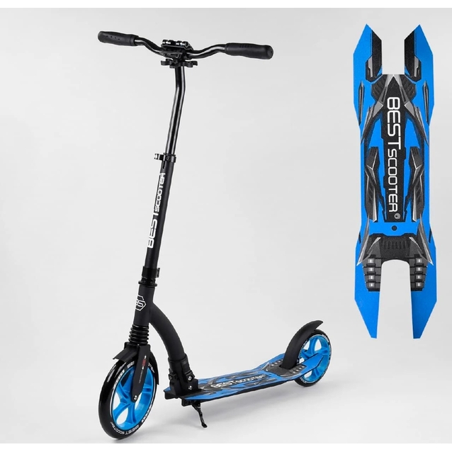 Самокат дитячий 2-х колісний, PU Best Scooter 54664 чорно-блакитний, колеса Ø230-200mm, AL, 1 амортизатор, широкий руль, зажим руля фото westvelo.com