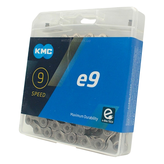 Ланцюг спорт 9 передач KMC е9-Т нікель-сірий, (1/2x11/128x122L) пластик + замок фото westvelo.com