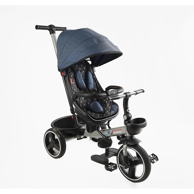 Дитячий велосипед 3-кол з батьківською ручкою, з даш, PU BestTrike «OSCAR» 6390/16-133 сіро-синій, поворотне сидіння, кермо складне, кошик, телескопічна ручка фото westvelo.com