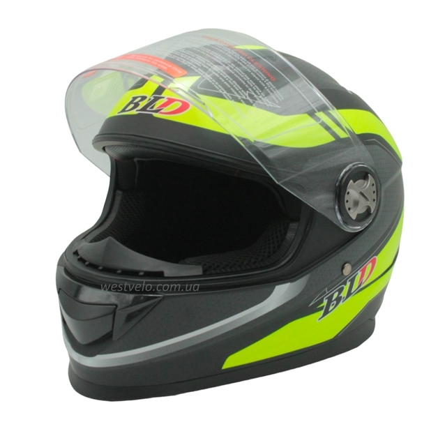 Мото шолом, закритий (L 59-60) BLD-М65 інтеграл, чорний матовий з салатовим малюнком фото westvelo.com