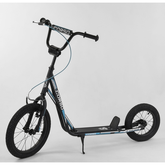 Самокат дитячий 2-х колісний, надувні колеса 16-12 Corso МХ 40902 чорно-блакитний, ручне переднє гальмо фото westvelo.com