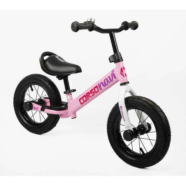 Велобіг 12 Corso надувні колеса, сталева рама «NAVI» NV-46227 світло-рожевий, підніжка, підставка для ніг, дзвіночок фото westvelo.com