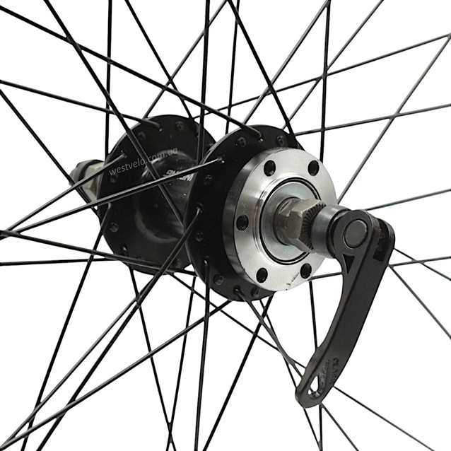 Колесо 26 зад, обід 2-ний чорний, втулка AL SHUNFENG, диск 6 болтів, ексцентрик, чорна спиця (SF-А210R) фото westvelo.com