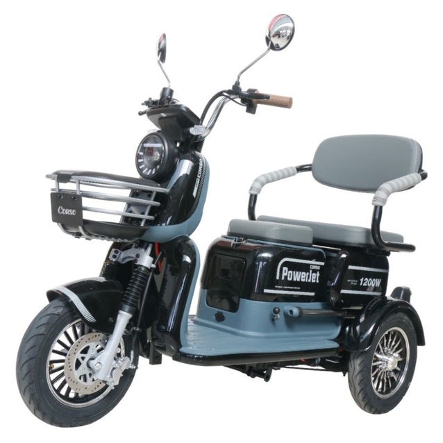 Трицикл Corso «POWER JET» JT-712387, двигун 1200W, акумулятор 72V 28Ah графеновий, чорний + 1 ящик. акум, колеса 10" фото westvelo.com