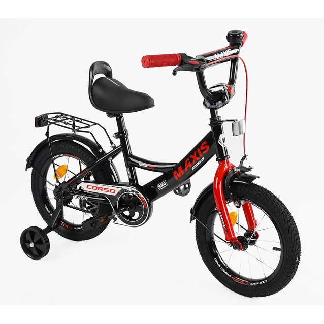 Дитячий велосипед 14 ST Corso «MAXIS» CL-14602 чорно-червоний, ручне гальмо, дзвіночок, сидіння з ручкою, додаткові колеса фото westvelo.com