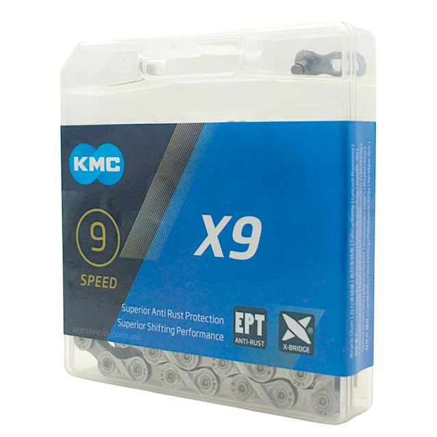 Ланцюг спорт 9 передач KMC X9 нікель, ЕРТ (1/2Х11/128Х116L) пластик + замок фото westvelo.com