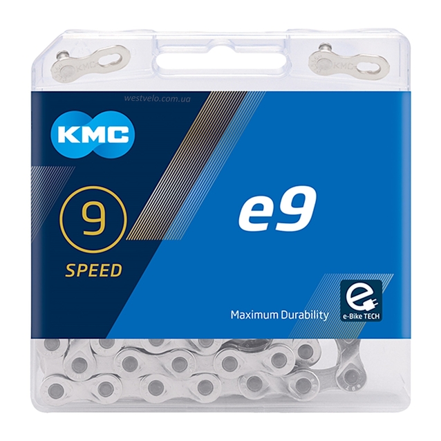Ланцюг спорт 9 передач KMC е9-Т нікель-сірий, (1/2x11/128x122L) пластик + замок фото westvelo.com