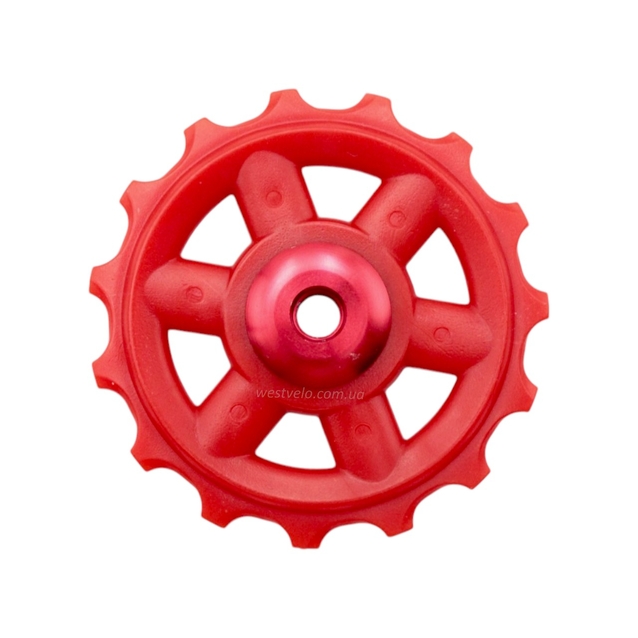 Ролик перекидки задньої червоний пластик 15 зубів на пром підшипниках фото westvelo.com