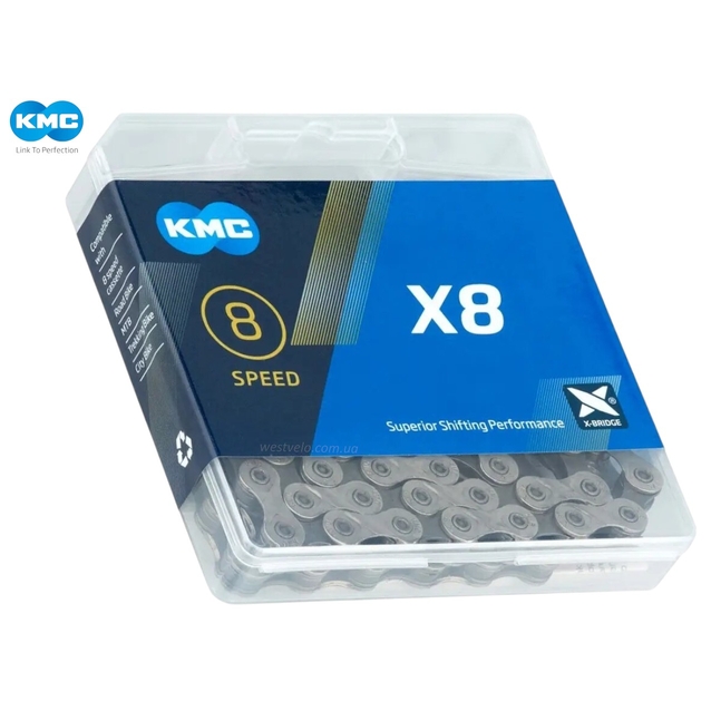 Ланцюг спорт 8 передач KMC X8 (EPT) нікель, пластик 116 ланок + замок (1/2 х 3/32) фото westvelo.com