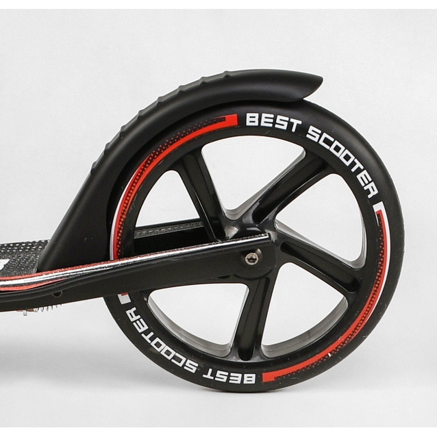 Самокат дитячий 2-х колісний, PU Best Scooter 10304 чорно-червоний, колеса Ø230-200mm, AL, 1 амортизатор передній, ФАРА, затискач керма фото westvelo.com