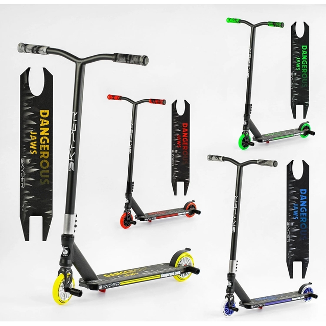 Самокат трюковий Skyper «DANGEROUS JAWS» С-10510 видається тільки МІКС кольорів, HIC-система, пеги, AL диск та дека, колеса PU Ø110mm, ширина керма - 46 см фото westvelo.com