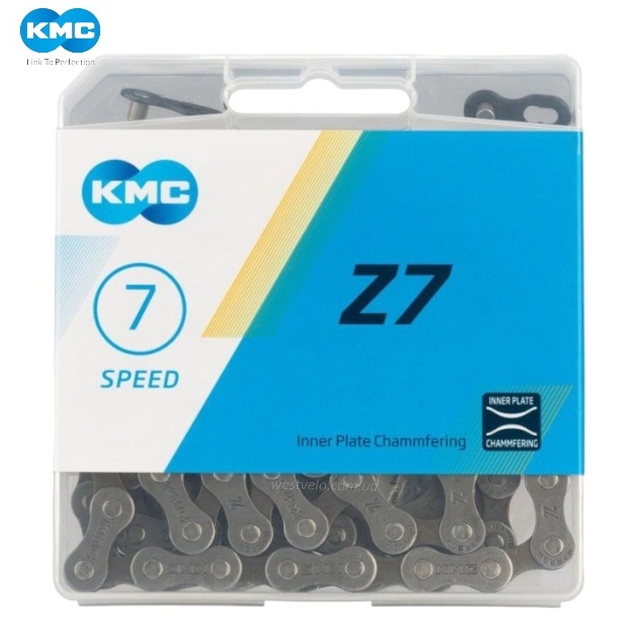 Ланцюг спорт 7 передач KMC Z7 чорний, пластик, 116 ланок Б/З (1/2Х3/32Х116L) фото westvelo.com