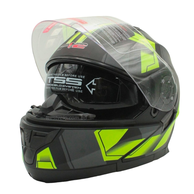 Мото шолом, трансформер (S 55-56) F2 162 Neon yellow, чорний, матовий з відкидними окулярами фото westvelo.com