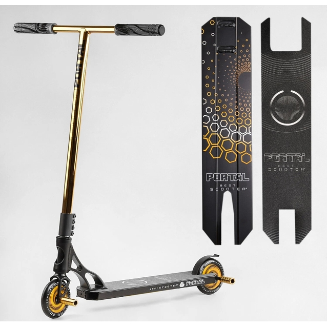 Самокат трюковий Best Scooter «PORTAL» PL-91977 золотий, HIC-система, пеги, AL диск та дека, колеса PU Ø120mm, ширина керма - 58 см фото westvelo.com