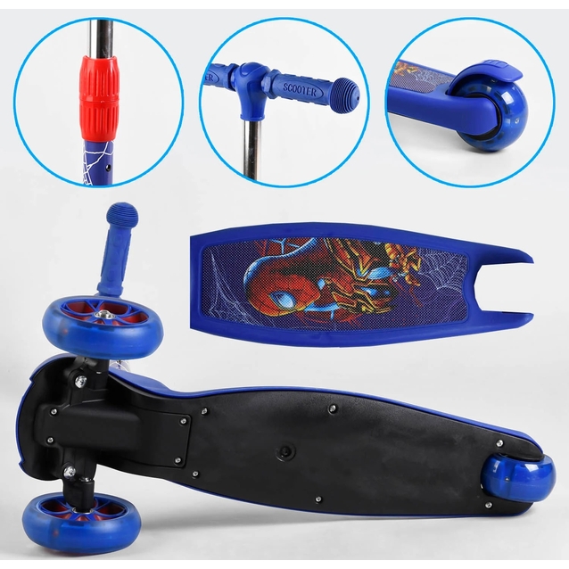 Самокат дитячий 3-х колісний, Best Scooter «SPIDER-MAN» 47359 синій, колеса PU Ø120mm/80mm зі світлом, складне кермо фото westvelo.com