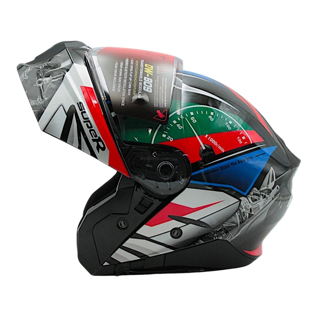 Мото шолом, трансформер (L) DAVID D809A чорний з кольоровим принтом, глянцевий з відкидними окулярами (ABS) фото westvelo.com