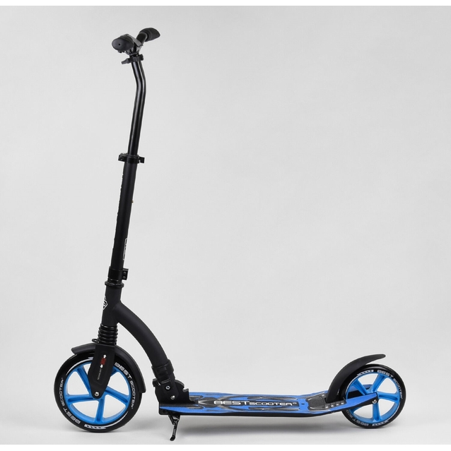 Самокат дитячий 2-х колісний, PU Best Scooter 54664 чорно-блакитний, колеса Ø230-200mm, AL, 1 амортизатор, широкий руль, зажим руля фото westvelo.com