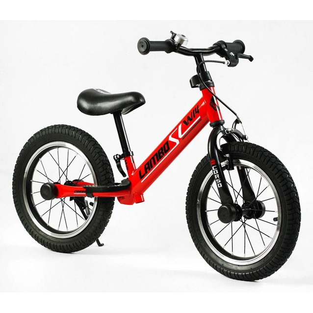 Велобіг 14 Corso надувні колеса, сталева рама «LAMBO» LB-14811 червоний, ручне гальмо, алюмінієві обода, підставка для ніг, підніжка, дзвоник фото westvelo.com