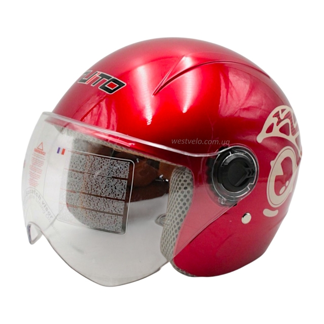 Мото шолом дитячий, відкритий RUITO Т68, червоний з біло-червоним малюнком фото westvelo.com