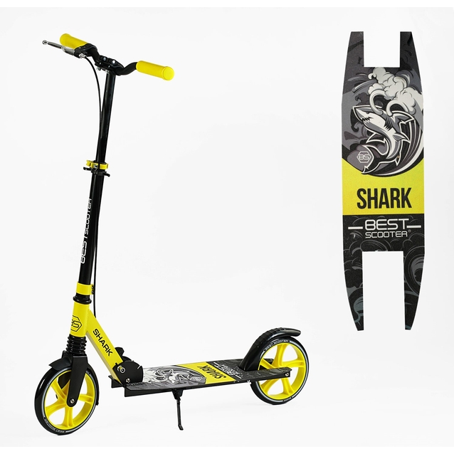 Самокат дитячий 2-х колісний, PU Best Scooter «SHARK» SH-10865 чорно-жовтий, Ø200mm, з ручним гальмом, затискач керма, 1 амортизатор фото westvelo.com