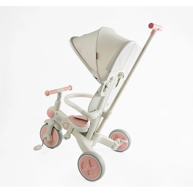 Дитячий велосипед-трансформер 3-х колісний з батьківською ручкою, з дашком, колеса - EVA (піна) Best Trike BS-12-303 біло-рожевий, рама складна нейлонова, переднє колесо 10``, задні колеса 8 фото westvelo.com