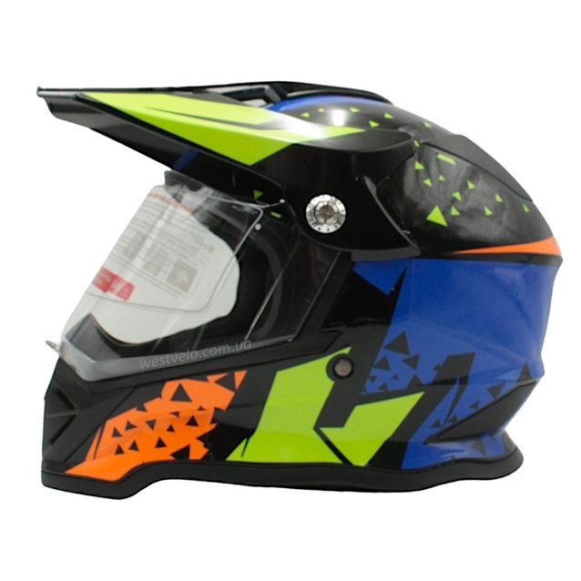Шолом, закритий крос/ендуро (S 55-56) АТV зі склом F2 (819-7) глянець чорний з синьо-жовто-помаранчевий фото westvelo.com