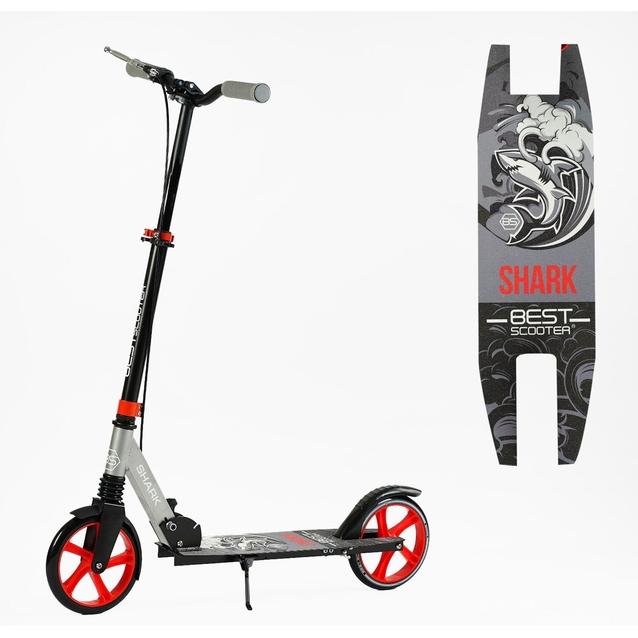 Самокат дитячий 2-х колісний, PU Best Scooter «SHARK» SH-25048 сіро-червоний, Ø200mm, з ручним гальмом, затискач керма, 1 амортизатор фото westvelo.com