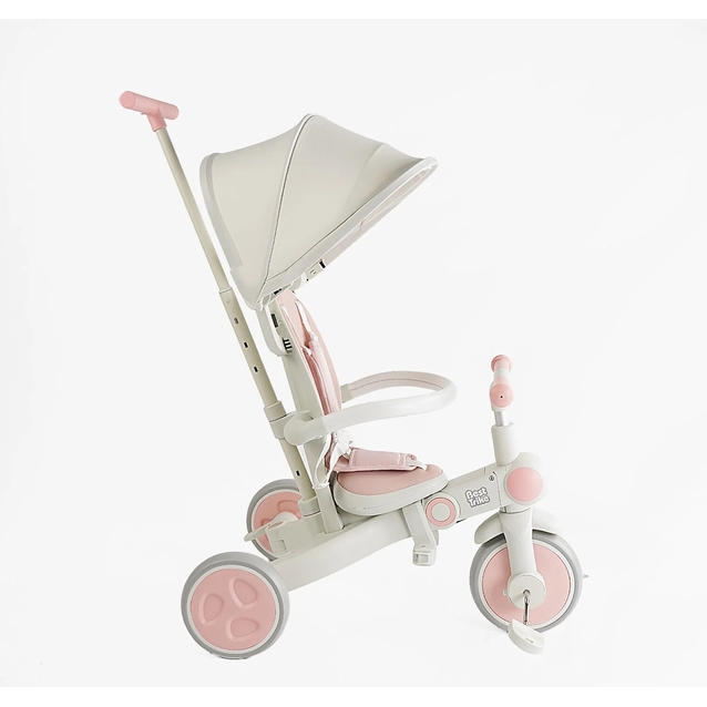 Дитячий велосипед-трансформер 3-х колісний з батьківською ручкою, з дашком, колеса - EVA (піна) Best Trike BS-12-303 біло-рожевий, рама складна нейлонова, переднє колесо 10``, задні колеса 8 фото westvelo.com