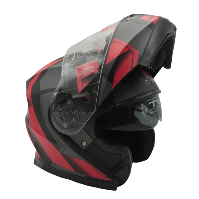 Мото шолом, трансформер (S 55-56) F2 162 Neon red, чорний, матовий з відкидними окулярами фото westvelo.com