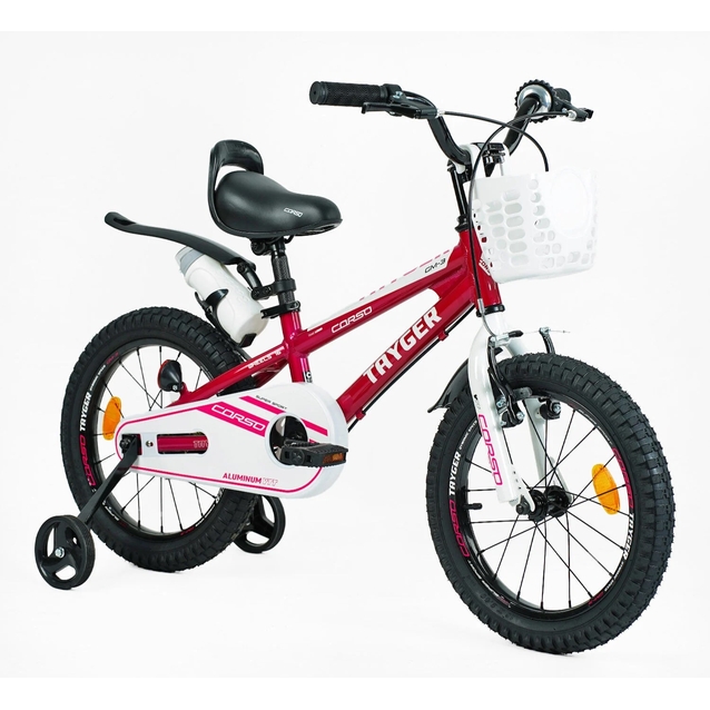 Дитячий велосипед 16 AL Corso «TAYGER» TG-10258 алюмінієва рама червоно-білий, ручне гальмо, дод. колеса, дзвоник, бутилочка фото westvelo.com
