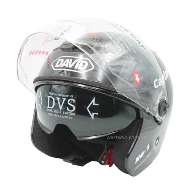 Мото шолом, відкритий (L) "DAVID" captain D022‑1 чорний глянцевий з відкідними окулярами фото westvelo.com