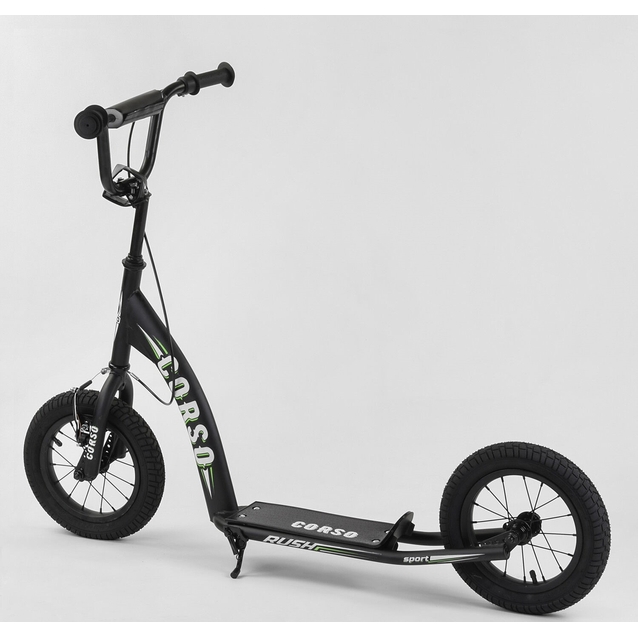 Самокат дитячий 2-х колісний, надувні колеса 12 Corso CR-T 0070 чорно-салатовий, ручне переднє гальмо фото westvelo.com