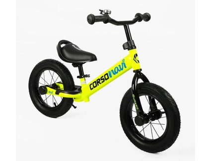 Велобіг 12 Corso надувні колеса, сталева рама «NAVI» NV-51697 неоново-салатовий, підніжка, підставка для ніг, дзвіночок