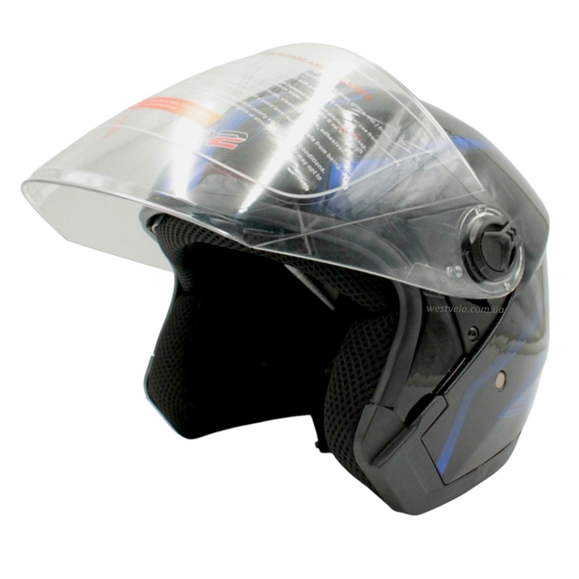 Мото шолом, відкритий (S) F2-707, чорно-синій, глянець, з відкидними окулярами фото westvelo.com