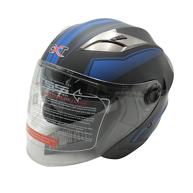 Мото шолом, відкритий (M) GXT "1001-1", чорний матовий з синіми вставками з відкидними окулярами фото westvelo.com