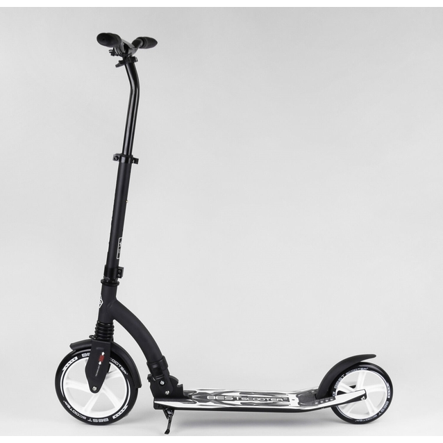 Самокат дитячий 2-х колісний, PU Best Scooter 75343 чорно-білий, колеса Ø230-200mm, AL, 1 амортизатор, широкий руль, зажим руля фото westvelo.com