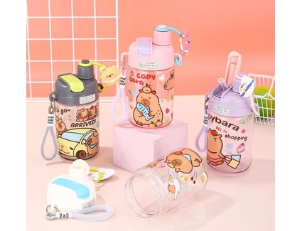 Фляга 600 ml "Capybara" пластик (ремінець, трубочка) фіолетовий