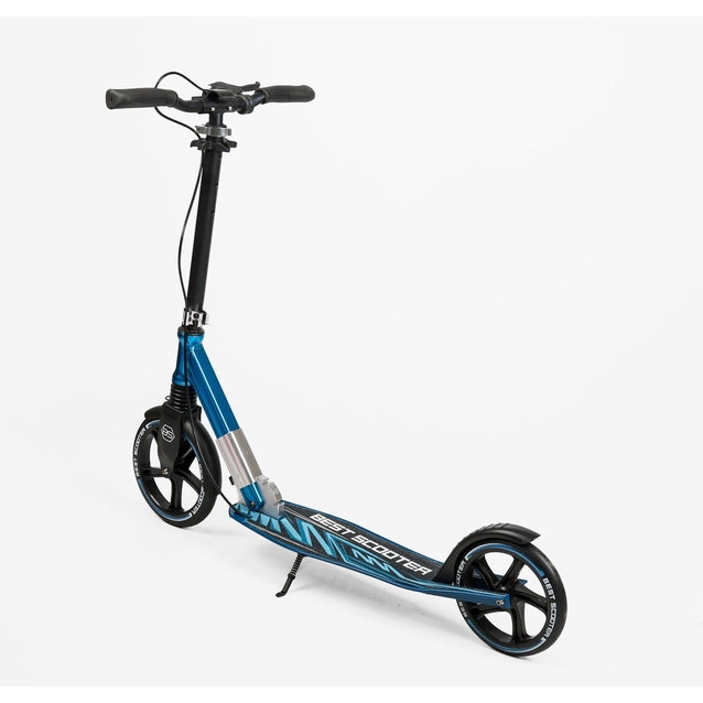 Самокат дитячий 2-х колісний, PU Best Scooter 23013 чорно-блакитний, колеса Ø230-200mm, AL, 1 амортизатор передній, ФАРА, затискач керма фото westvelo.com