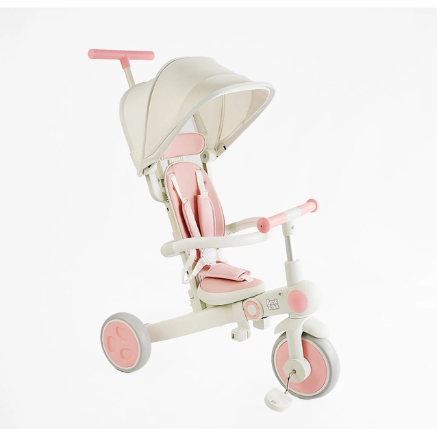 Дитячий велосипед-трансформер 3-х колісний з батьківською ручкою, з дашком, колеса - EVA (піна) Best Trike BS-12-303 біло-рожевий, рама складна нейлонова, переднє колесо 10``, задні колеса 8 фото westvelo.com