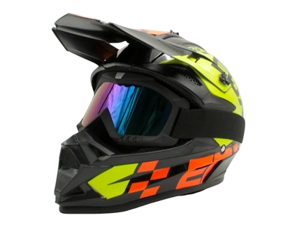 Шолом, закритий крос/ендуро (М) АТV EDX 021 чорно-жовто-помаранчевий глянець з дашком + окуляри