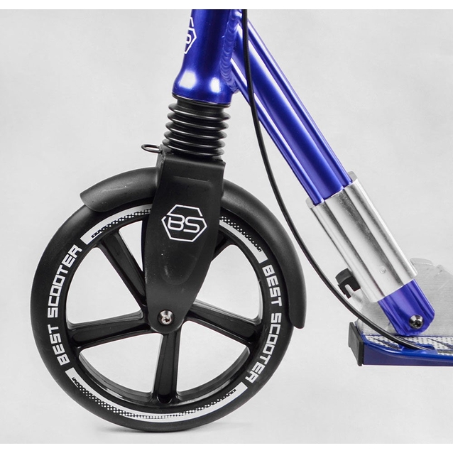 Самокат дитячий 2-х колісний, PU Best Scooter 49804 чорно-синій, колеса Ø230-200mm, AL, 1 амортизатор передній, ФАРА, затискач керма фото westvelo.com