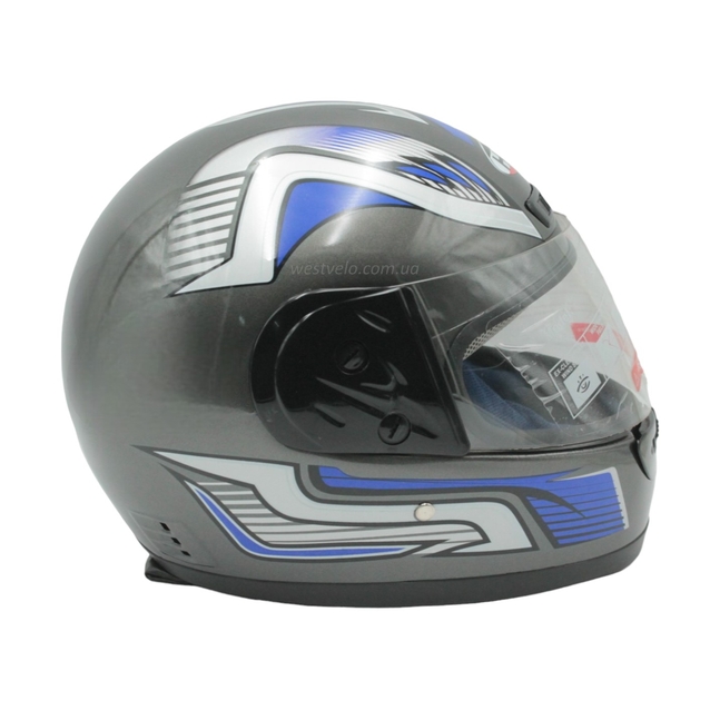 Мото шолом, закритий HTK-221,інтеграл, сірий глянець з синьо-білим малюнком фото westvelo.com
