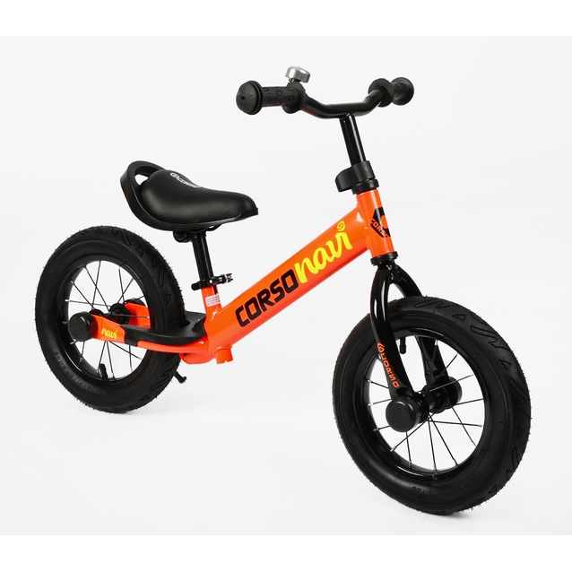 Велобіг 12 Corso надувні колеса, сталева рама «NAVI» NV-62378 помаранчевий, підніжка, підставка для ніг, дзвіночок фото westvelo.com