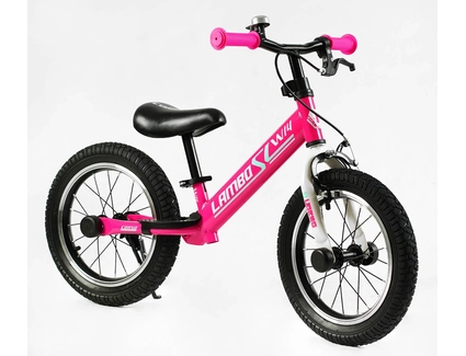 Велобіг 14 Corso надувні колеса, сталева рама «LAMBO» LB-14962 рожевий, ручне гальмо, алюмінієві обода, підставка для ніг, підніжка, дзвоник