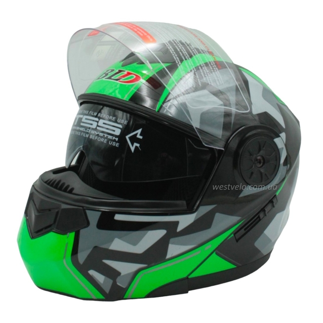 Мото шолом, трансформер (S 55-56) BLD-159 чорно-зелений глянець з відкидними окулярами фото westvelo.com