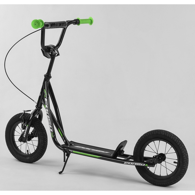 Самокат дитячий 2-х колісний, надувні колеса 12 Corso JT 01019 чорно-салатовий, ручне переднє гальмо фото westvelo.com