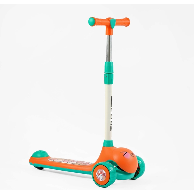 Самокат дитячий 3-х колісний, Skyper LH-12705 помаранчево-зелений, колеса PU Ø112mm зі світлом, музика та підсвічування платформи, кермо з`ємне фото westvelo.com