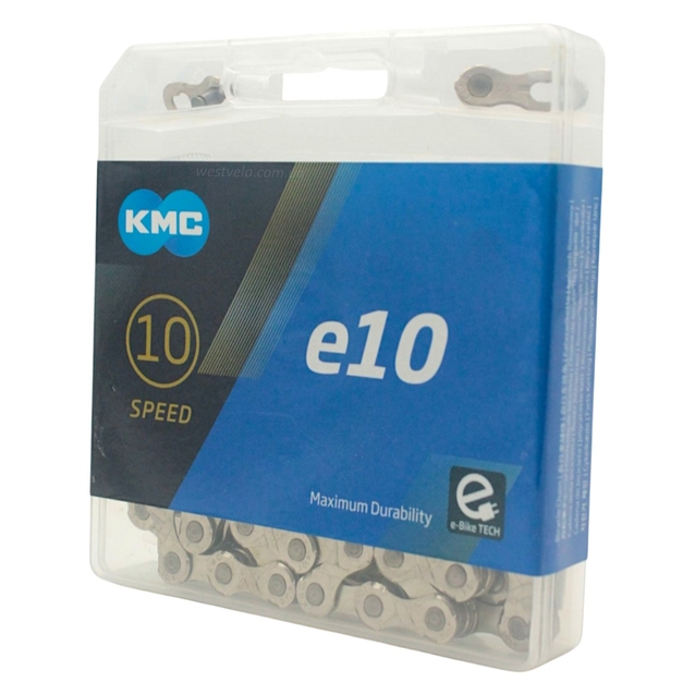 Ланцюг спорт. 10 передач KMC е10-Т нікель-сірий, (1/2x11/128x122L) пластик + замок фото westvelo.com