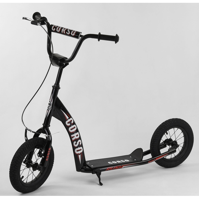 Самокат дитячий 2-х колісний, надувні колеса 12 Corso CR-T 5656 чорний, ручне переднє гальмо фото westvelo.com
